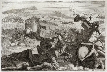 Bibelen til Royaumont, Det gamle testamente: Judas død. Nederlag til Demetrios I Soter og Nicanor. Judas Machabee (Maccabee, Macabee) døde i kamp. Illustrasjon fra 1811.