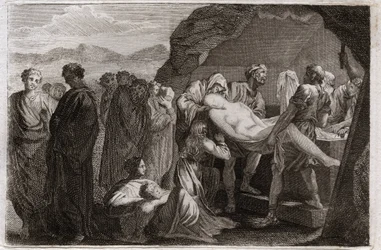 Bibelen til Royaumont, Det gamle testamente: Saras død. Sara (Sarah) dør. Abraham for å begrave ham kjøpte en grav fra byen Get. Illustrasjon fra 1811.
