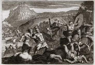 Bible of Royaumont, Old Testament: Defeat of Amalec (Amalek). Moses obtained victory over the Amalekites, holding his hands high in heaven. Illustration from 1811.