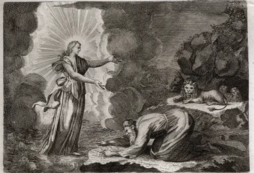 Bibelen til Royaumont, Det gamle testamente: Daniels befrielse. Daniel, i løvehulen, er mirakuløst full. Illustrasjon fra 1811.