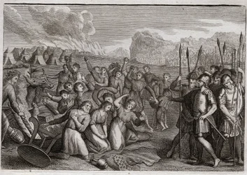 Bible of Royaumont, Old Testament: Destruction of Hai. Joshua, after the ruin of Jericho, attacks the city of Hai (Ai), where he is repelled first because of the crime of Akan (Achan, Achar, Hacan, Hacar), but after the punishment of Achan; he takes the ci