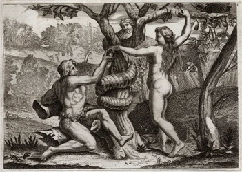 Bibelen til Royaumont, Det gamle testamente: Adams fall. Demonen under ansiktet til en slange snakker til Eva, og teltet for å spise forbudt frukt: Eva faller og får også Adam til å falle. Illustrasjon fra 1811.