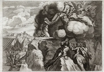 Bibelen til Royaumont, Det gamle testamente: Lovens første tabeller. Gud gir loven til sitt folk på Sinai-fjellet. Moses mottar de 10 bud fra Guds hender. Illustrasjon fra 1811.