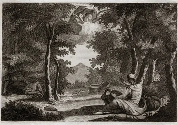 Bible of Royaumont, Old Testament: Flight of Agar. Agar (Hagar) rises tale Sara (Sarah) his mistress. Sara chats her insolence with severity. Agar cannot suffer her and fled from the house in the desert, or an Angel talks to her to bring her back with Sara