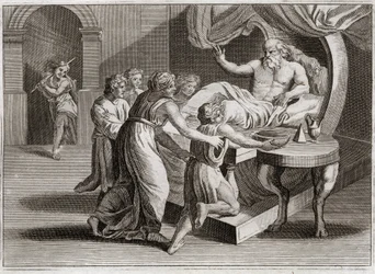 Bibelen til Royaumont, Det gamle testamente: Isak velsignet Jakob. Isak, som ønsker å velsigne Esau, gir Jakob sin velsignelse ved Rebekkas visdom, som hun tilhørte i henhold til Guds plan. Illustrasjon fra 1811.