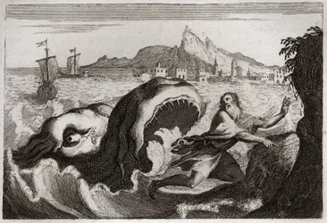 Bibelen til Royaumont, Det gamle testamente: Jona i hvalen. Profeten Jonas bor i en hval, og kommer ut i live. Illustrasjon fra 1811.