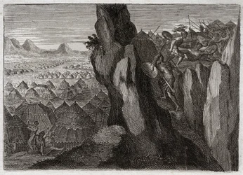 Bible of Royaumont, Old Testament: Jonathan and his Ecuyer. Jonathan, the son of King Saul, goes alone with his Ecuyer into the camp of the Philistines, and puts them on flight. Illustration from 1811.