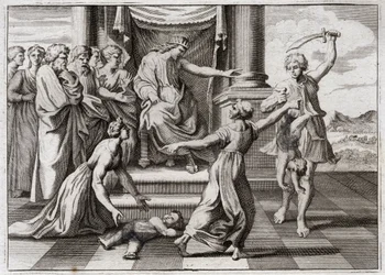 Bibelen til Royaumont, Det gamle testamente: Salomos dom. Salomos berømte dom mellom to kvinner, for å gjenkjenne hvem av de to som var mor til et barn, som begge hevdet å være henne. Illustrasjon fra 1811.