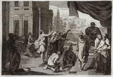Bibelen til Royaumont, Det gamle testamente: Moses før farao. Moses ber farao om å la hebreerne gå ut i ørkenen for å ofre til Herren. Illustrasjon fra 1811.