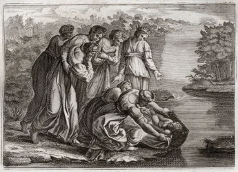 Bibelen til Royaumont, Det gamle testamente: Moses redder vann. Faraos datter trakk Moses tilbake fra Nilens vann og adopterte ham til sin sønn. Illustrasjon fra 1811.