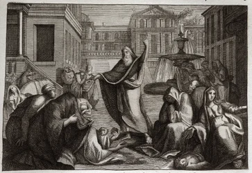 Bible of Royaumont, Old Testament: Penitence of the Ninivites. The inhabitants of Nineveh all penitence at the predication of Saint Prophete Jonah. Illustration from 1811.