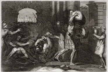 Bible of Royaumont, Old Testament: Prediction of Elisee. A Lord of Samaria, having misled the words of Elisee, is crowded at his feet. Illustration from 1811.
