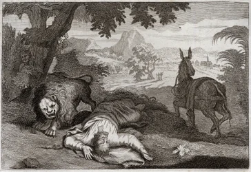 Bible of Royaumont, Old Testament: Prophete disobedient. A Prophete, having taken Jeroboam from his ungodly, is killed by a lion, because he had not obei to the Lord, who had forbidden him to drink and eat in this place. Illustration from 1811.