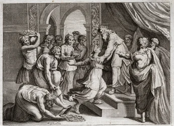 Bible of Royaumont, Old Testament: Queen of Sheba. The Queen of Sheba comes to Solomon to listen to his wisdom and to offer him presents. Illustration from 1811.