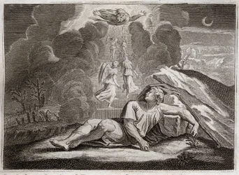 Bibelen til Royaumont, Det gamle testamente: Jakobs målestokk. Jakob flykter fra Esaus sinne og lever i en mystisk stige. Illustrasjon fra 1811.
