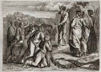 Bibelen til Royaumont, Det gamle testamente: Lovens andre tabeller. Gud gir Moses andre bord (ti bud), som folket mottar med respekt. Illustrasjon fra 1811.