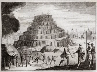 Bibelen til Royaumont, Det gamle testamente: Babelstårnet. Menn ønsker av forfengelighet å reise et tårn til himmelen. Gud forhindrer dette arbeidet ved å forvirre tungene deres slik at de ikke lenger kan høre hverandre snakke. Illustrasjon fra 1811.