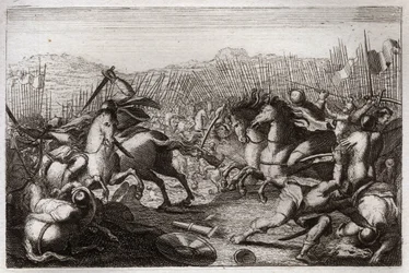 Bibelen til Royaumont, Det gamle testamente: Judas seier. Judas Maccabee (Maccabee, Maccabee) beseiret Apollonius, Seron, Ptolemaios Macron, Gorgias, Nicanor og Lysias i forskjellige slag. Illustrasjon fra