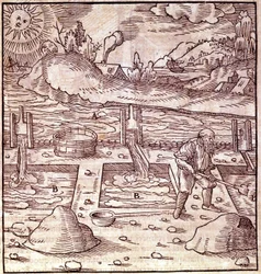 Bitumenhøsting. Georg Bauer Agricola "De Re metallica"" bok fra 1500-tallet. Bibl. fra Vitenskapsmuseet, Milano.