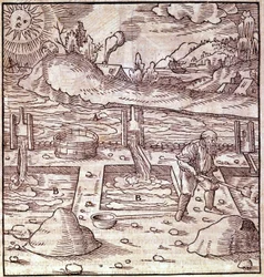 Bitumengjenoppretting. Georg Bauer "" Agricola De Re metallica"" bok fra 1400-tallet. Bibl. ved Vitenskapsmuseet, Milano.