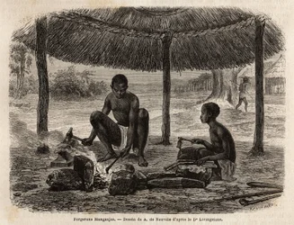 Smedmanganjaer (etnisk gruppe i Zambeze-regionen). Gravering for å illustrere Dr. Livingstones første reiser til Sør-Afrika fra 1840 til 1856, i «Le tour du monde, nouveau journal des voyages»» publisert under ledelse av Edouard Charton