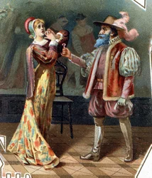 Blåskjegg. Fortelling av Charles Perrault. 1697. Kromolitografi fra slutten av 1800-tallet. Klistremerke «Til lav pris». «Blåskjegg forhører sin kone, som forsøkte å gå inn i kabinettet der Blåskjeggs koner ble myrdet.»