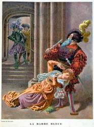 Blått skjegg (overrasket over å ta en kvinne i håret). 1800-tallsillustrasjon.