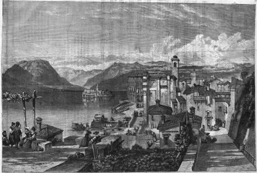 Borromees-øyene i Lago Maggiore (Lago Maggiore i Lombardia) i Italia: Utsikt over Isola Bella (Ila-Bella). Gravering i "" L'univers illustrious ""
