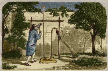 Botany: experience of Stephen Hales (1677-1761) on the ascent force of the seve in 1727. Engraving from 1859 in “” Le Musee Des Sciences””