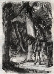 Bradamante apercoit Pinabel (Pinabello) - engraving of 1851 from “” Roland furieux”” (Orlando furioso) (16th century) by Ludovico Ariosto, known as the Ariosta - Edition translated from Italian by the Count of Tressan and published by Gustave Harvard 1851