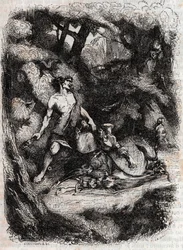 Bradamante terrassee by a giant - engraving of 1851 from “” Furious Roland”” (Orlando furioso) (16th century) by Ludovico Ariosto, known as the Ariosta - Edition translated from Italian by the Count of Tressan and published by Gustave Harvard 1851