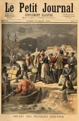 Bretonske sjømenn forlater Paimpol om våren for å søke etter torsk på kysten av Island eller Newfoundland (Newfoundland). Gravering i “” Le petit journal”” 19/03/1894. Selvas samling.