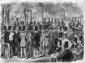 Meglere nær den lille Bourse du Boulevard des Italians i Paris, Frankrike. Gravering i "The Illustrous Universe"