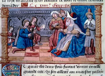 Brødrene Nicolo og Matteo Polo, far og onkel til den unge Marco Polo (1254-1324) ble mottatt i hoffet til Grand Qubilai (Kubilai Khan, første keiser av det mongolske Yuan-dynastiet (1215-1294), mongolsk keiser i 1271» . Miniatyr hentet fra "