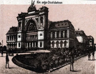 Budapest, Ungarn: utsikt over magyar kiralyi allavasutsk (jernbanestasjon). i "" Verden illustrerer 168 visninger"" Udatert (slutten av 1800-tallet)