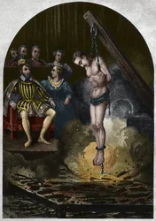 Brennkammer (domstolen) Under kong Henrik II (1519-1559) i nærvær av Catherine de Medicis (Caterina de Medici). Gravering fra 1842 i «Histoire des popes»» av Maurice Lachatre. Privat samling.