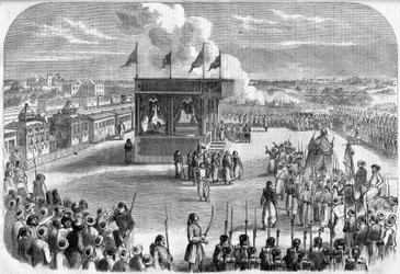 Kairo, avgang fra Mahmal (palanquin dekket med et brodert silkeslør som symboliserer autoriteten til den osmanske sultanen), for pilegrimsreisen til Mekka, ved jernbanen, i "The Illustrated Universe""