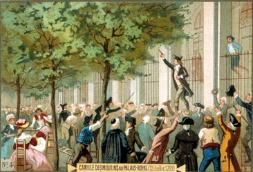 Camille Desmoulins ved Palais Royal (12.07.1789). Kromolitografi 1800-tallet. - Den franske revolusjonen/Camille Desmoulins oppfordrer til en storm på Bastillen, Paris