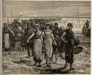 Cancale - Bretagne - Cancalaises tilbake fra fiskebåtene - - gravering i "" PATRIE" - PECTUREQUIREQUE BESKRIVELSE AV FRANKRIKE I 6 BIND AV LUCIEN HUARD - slutten av 1800-tallet