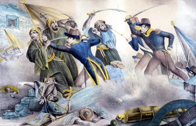 Fangst av Konstantin i Algerie i 1837 av marskalk Valée. Fargelitografi fra 1800-tallet.