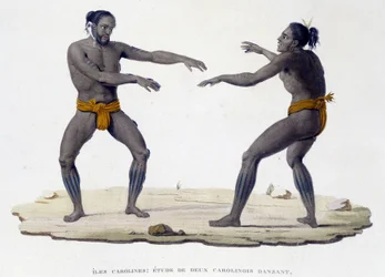 Karolinske menn som danser (Carolinian Islands, Oceania).
