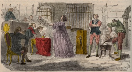 Tilfellet av kragen, rettssaken (1785-1786): Jeanne de Valois-Saint-Remy (Valois Saint Remy), grevinne de La Motte (Lamotte) eller grevinne de La Motte Valois (Lamotte-Valois, La Motte-Valois) ( 1756-1791) før parlamentet i Paris. Gravering fra 1800-tallet