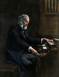 Cesar Franck (1822–1890) spiller orgel i kirken Saint Clothilde i Paris (Frankrike) – Kolorisert illustrasjon