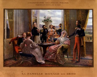 Champagne servert ved det kongelige bordet i 1840 - Reklameplakat for Delbeck-champagnen "" Leverandør av det tidligere hoffet i Frankrike "", sent på 1800-tallet
