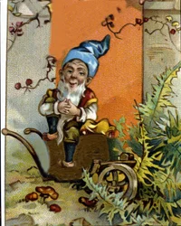 Karakter av dvergen eller farfadet sittende. 1800-talls kromolitografi.