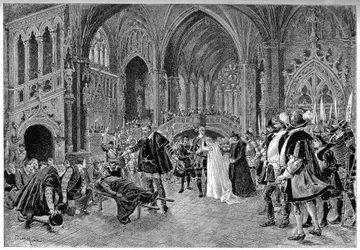 Karakterer av Karloo, Jonah, Rysoor, Blackcarmes, Duke of Alba, Rafaela og oppfølgeren til Duke of Alba i akt IV "The Death of the Ringer". Scene for operaen "" Homeland! "" av Sardou og Louis Gallet (1835-1898). Musikk av Emile Paladilhe (1844-1926)