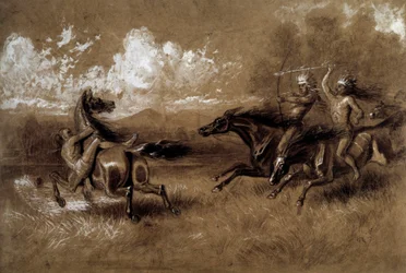 Anklage om indianere som rir mot en fiende av en annen stamme Anonym tegning fra 1800-tallet. La Rochelle, New World Museum