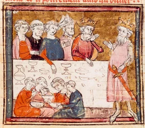 Charlemagne (742-814) og hans nevø rytteren Roland på en bankett hvor den stakkars miniatyren fra "" Grandes Chronicles de France"" 1375-1379 kommunale bibliotek, Castres