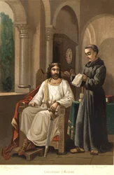 Karl den Store (747-814), konge av frankerne og keiser av vesten, og Alcuin (ca. 781). etter «Science and its Men»» av Louis Figuier. Barcelona 1881