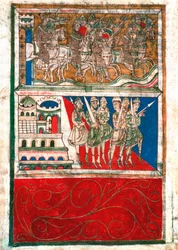Karl den Store og hans riddere forlater Aachen og drar til Santiago de Compostela Miniature fra “Codex Calixtinus”” (Saint Jakobs bok), rundt 1140. fol. 162 v. Arkivene til katedralen i Santiago de Compostela (Santiago de Compostela), Spania